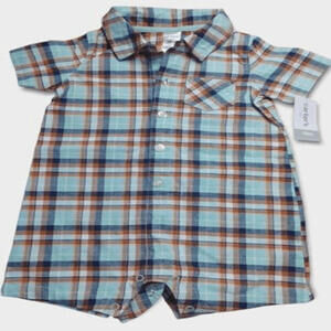 Carters Romper Boys Blue Orange Plaid Button Front Short Sleeve Collared 18m
